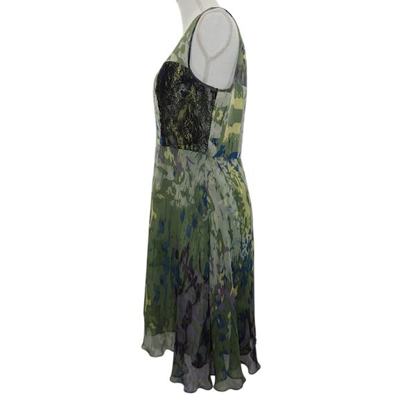 Vessel by Timo  Flowy 100% Silk Green Abstract Print Lace Inset Dress Size 12 - Picture 6 of 12